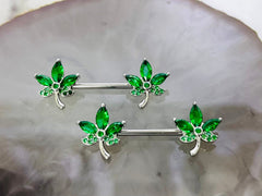 Pair of 14G Silver CZ Leaves Nipple Barbell. Nipple Piercing. Nipple Rings. Nipple Jewelry