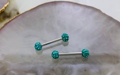 Pair of 14G Sparkling Teal Disco Ball Ends Nipple Barbell. Nipple Rings. Nipple Piercing. Nipple Jewelry.