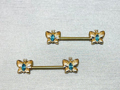 Pair of 14G Butterly with Aqua Stone Nipple Barbells. Nipple Rings. Nipple Piercing. Nipple Jewelery.