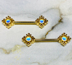 14G Gold Illuminating Opal Sun Nipple Barbells. Nipple Piercings. Nipple Rings. Nipple Jewelry.