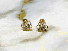 14K Real Gold Dainty Screw Back Flower Earrings with Clear Stones. 14K Stud Earrings. Gold Screw Back Earrings