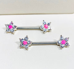 14G Flower Pink Opal Nipple Barbell. Nipple Piercings. Nipple Rings. Nipple Jewelry