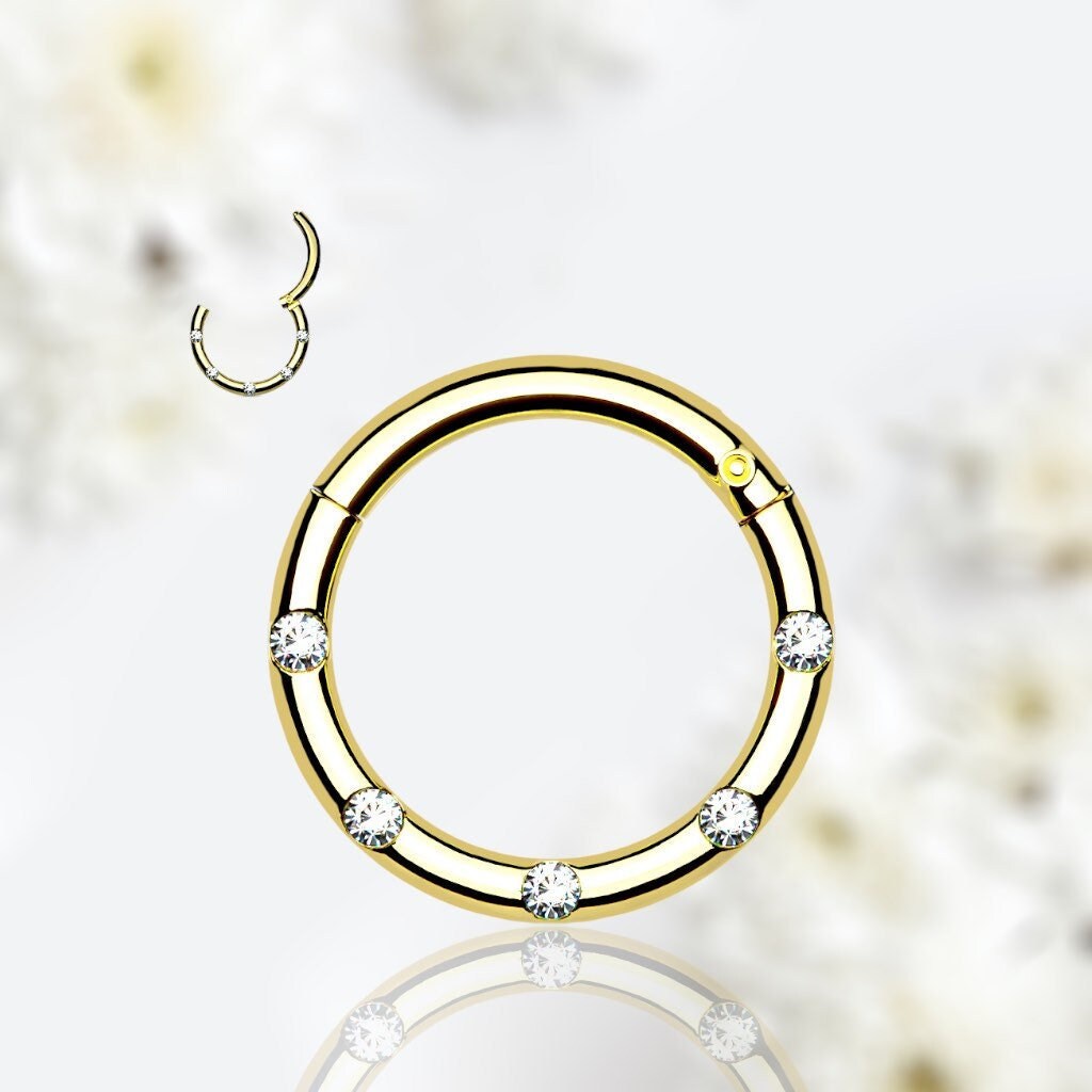 16G Gold Round Hinged Septum Clicker Ring with Multiple Clear Gems