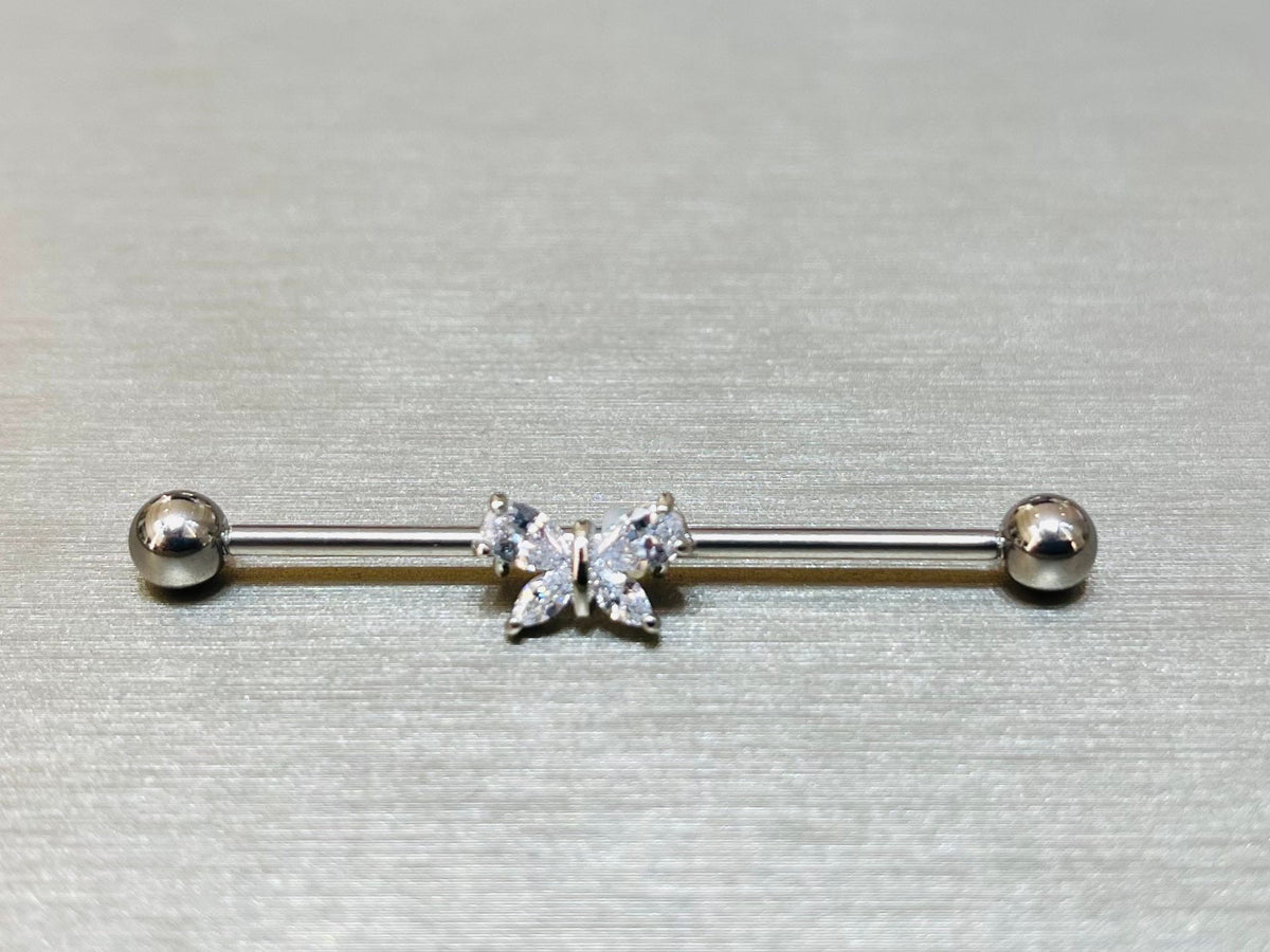 14G Silver Sparkling Stone Butterfly 38MM Length Industrial Barbell. Industrial Piercing. Body Jewelry. Ear Piercing. Ear Barbell.