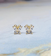 14K Real Gold Butterfly with Clear Stones Screw Back Earrings. 14K Gold. 14K Earrings. 14K Gold Jewelry.