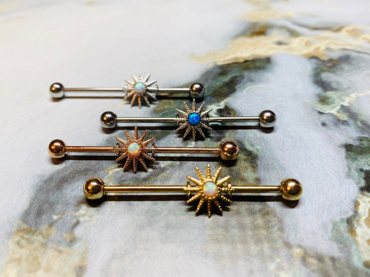 Opal centered sunburst Industrial Barbell. Industrial Piercing.