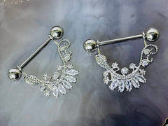 Pair of 14G Dangling Marquise Stone Nipple Barbell Shield. Nipple Rings. Nipple Piercing. Nipple Jewelry