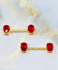 14G Gold Red Oval Nipple Piercing. Nipple Barbells. Nipple Jewelry