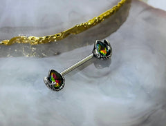 Pair of 14G Pear Shape Green Stones Nipple Barbell. Nipple Rings. Nipple Jewelry. Nipple Piercing.