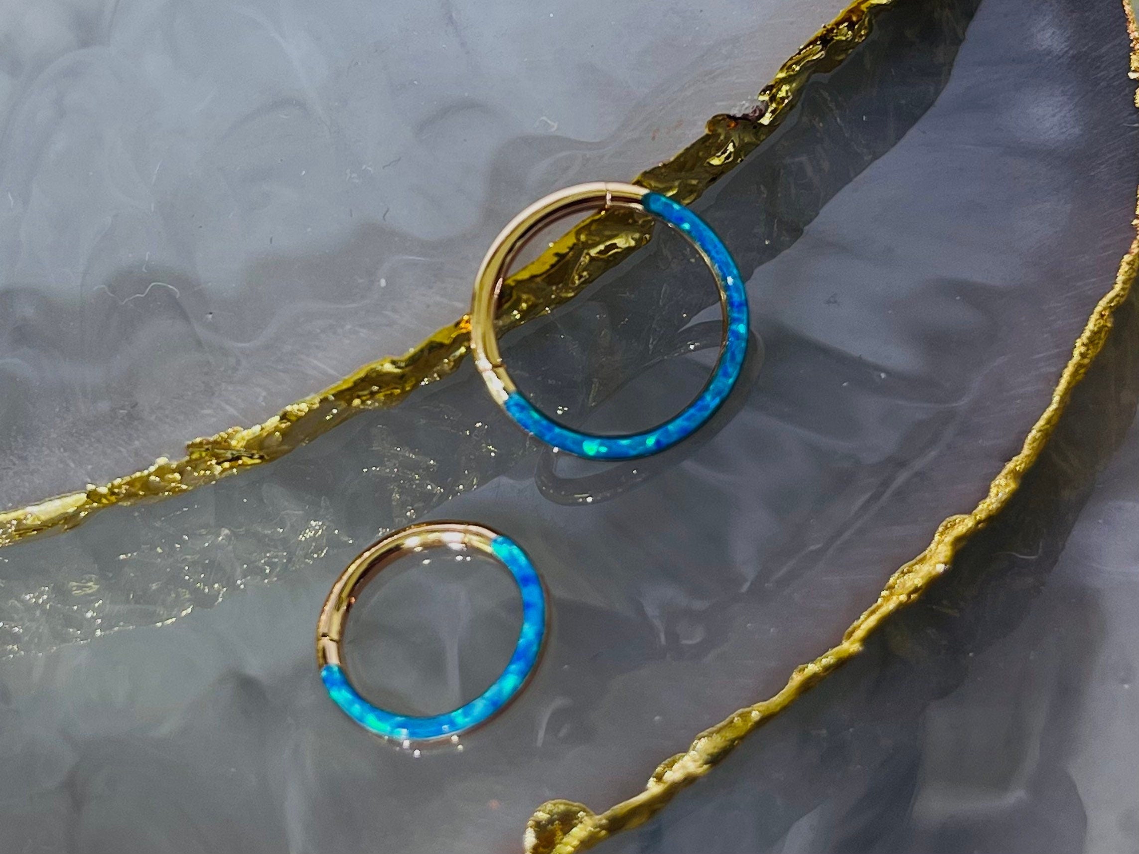 16G Surgical Steel Rose Gold Blue Opal Inlay Front Facing Septum Clicker Ring.