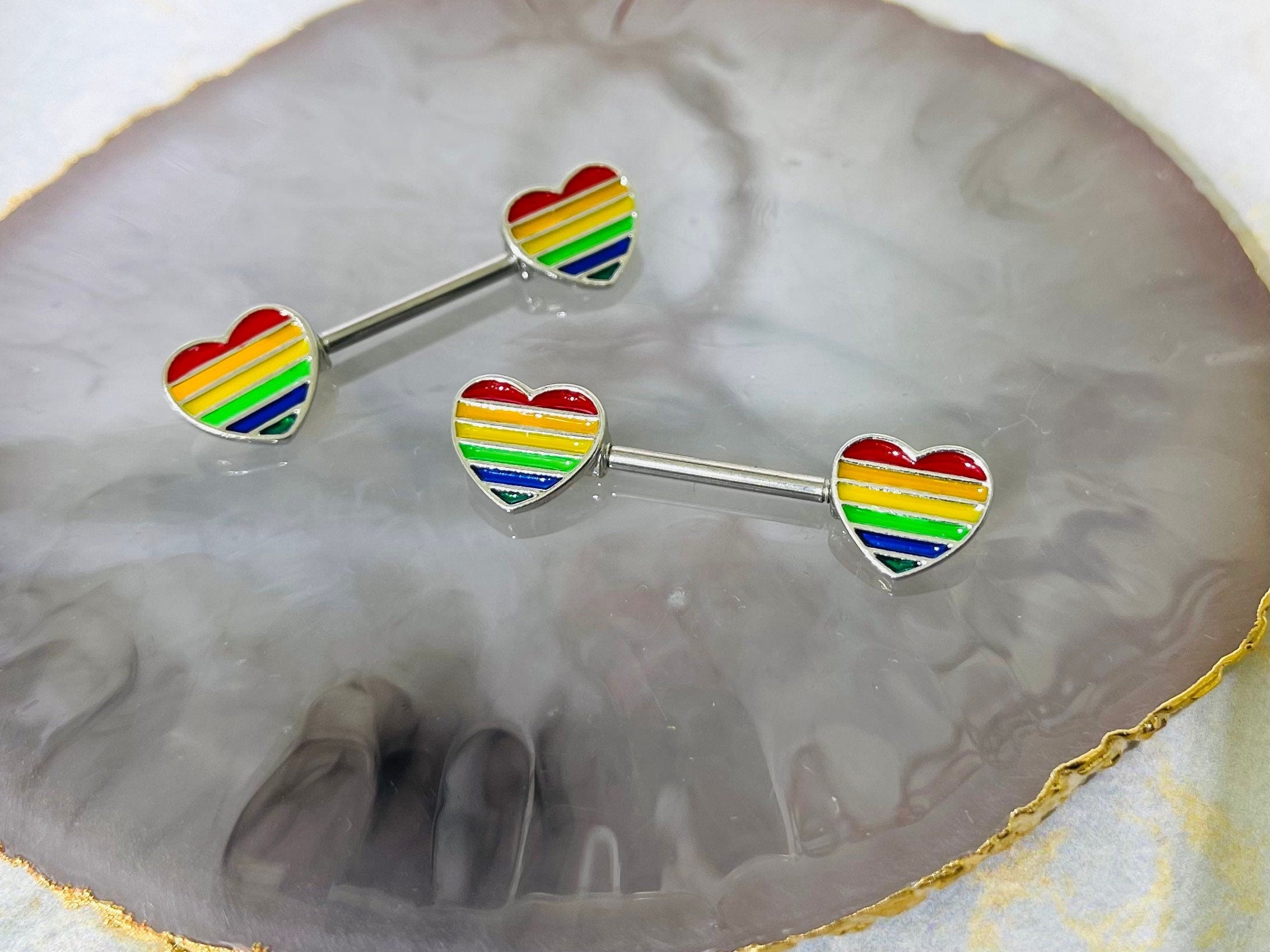 Pair of 14G Silver Pride Colors Heart Nipple Barbell. Nipple Piercing. Nipple Rings. Nipple Jewelry.