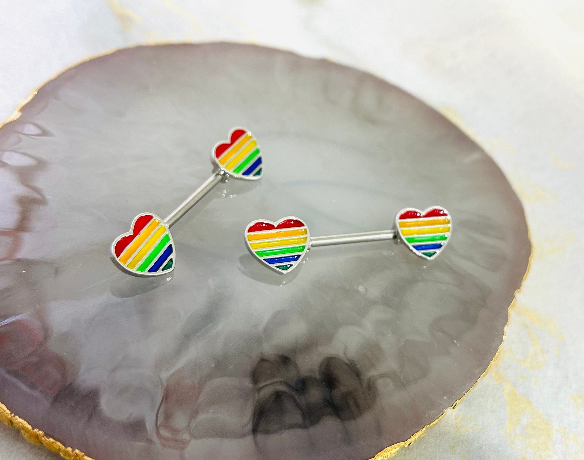 Pair of 14G Silver Pride Colors Heart Nipple Barbell. Nipple Piercing. Nipple Rings. Nipple Jewelry.