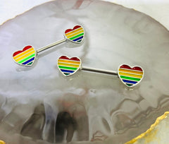 Pair of 14G Silver Pride Colors Heart Nipple Barbell. Nipple Piercing. Nipple Rings. Nipple Jewelry.