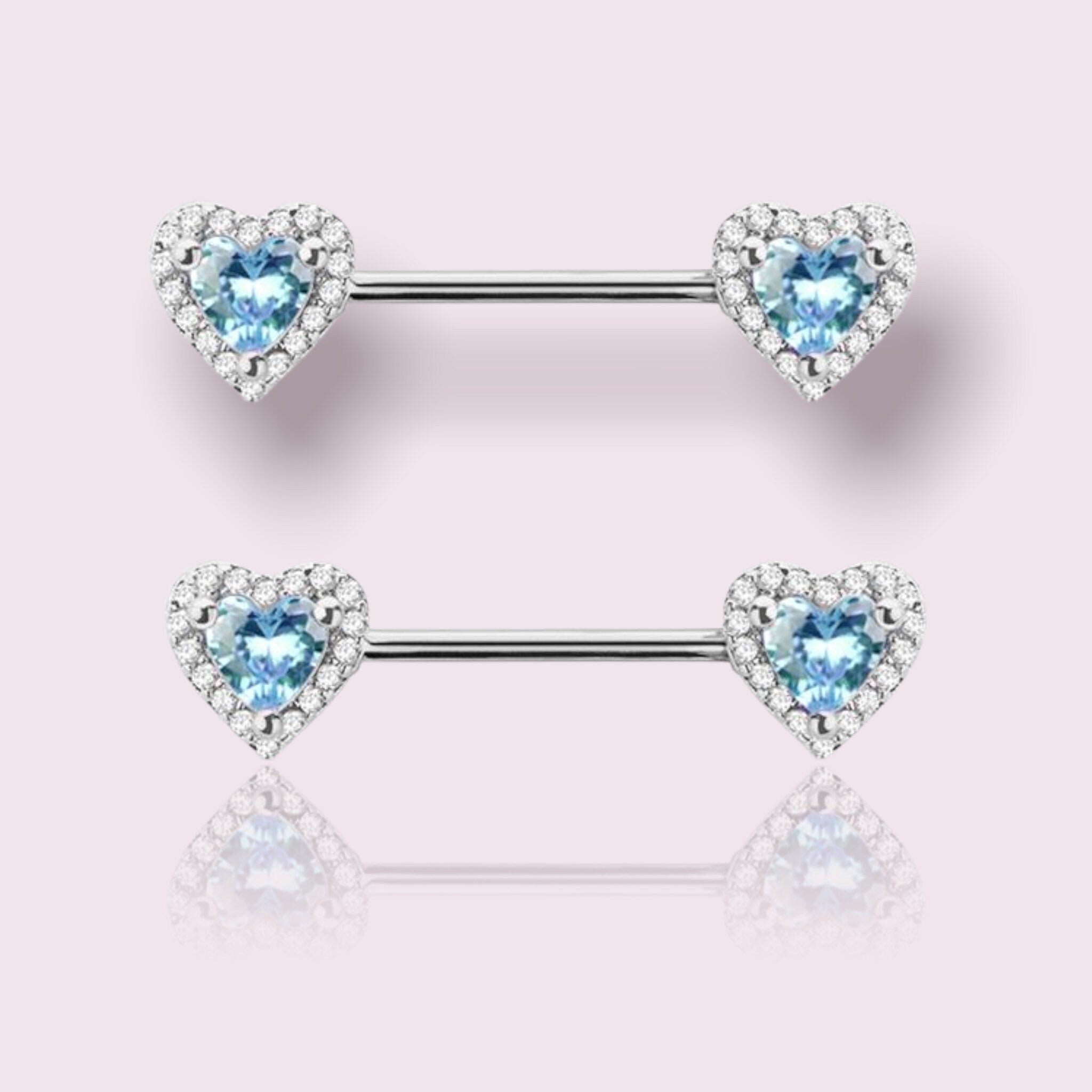 Pair of 14G Surgical Steel Blue Gem Heart Nipple Barbell. Nipple Rings. Nipple Piercing. Nipple Jewelry.