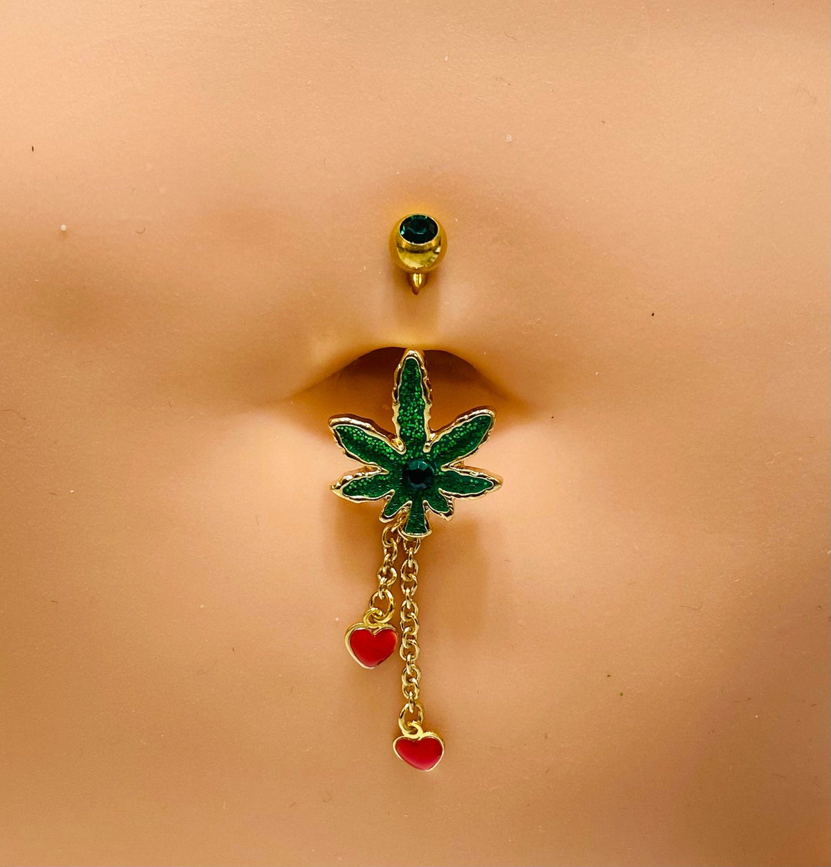 Marijuana Leaf with Dangling Red Hearts Belly Button Ring. Belly Piercing. Navel Ring