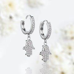 Pair of Stainless Steel Clear Stones Paved Dangling Hamsa Hoop Earrings.