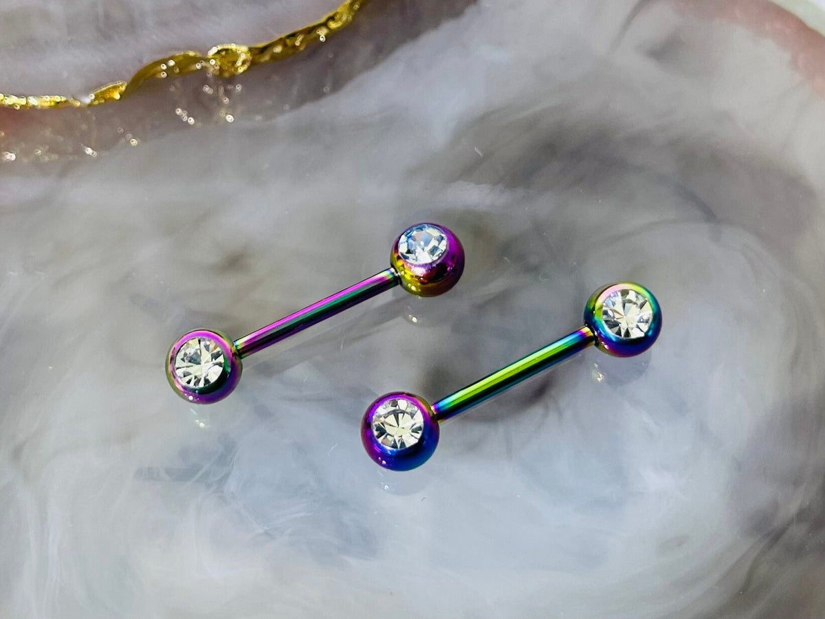 Pair of 14G Rainbow Front Facing Clear Gems Nipple Barbell. Nipple Jewelry. Nipple Piercing.