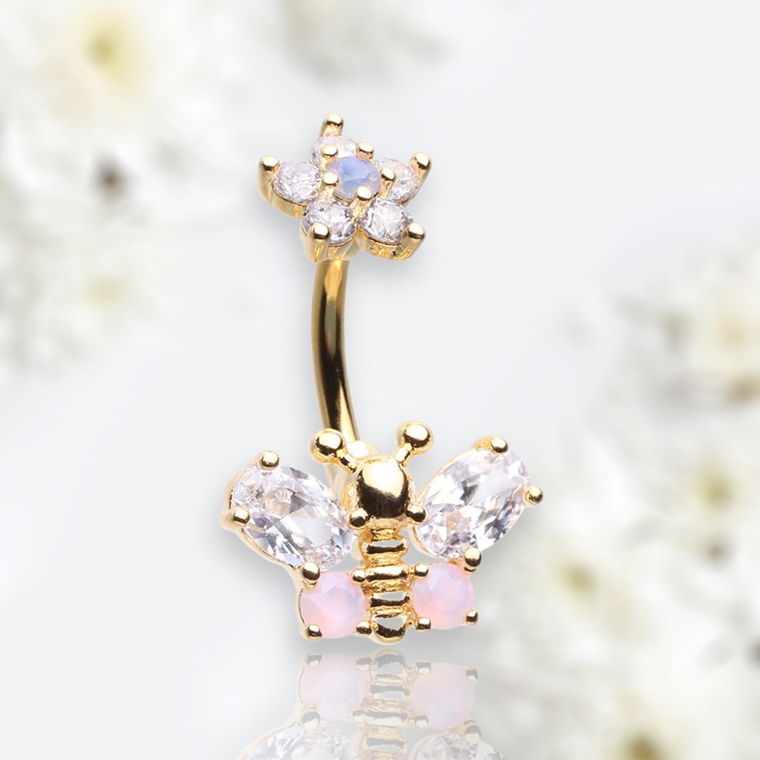 14G Gold Flower Top Clear Gem Butterfly Belly Button Ring