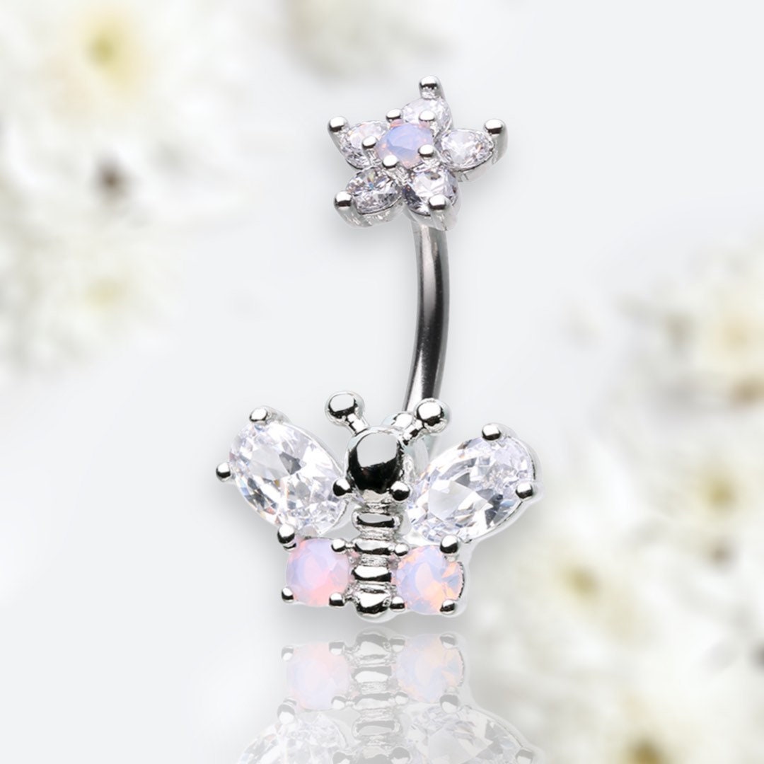 14G Silver Flower Top Clear Gem Butterfly Belly Button Ring