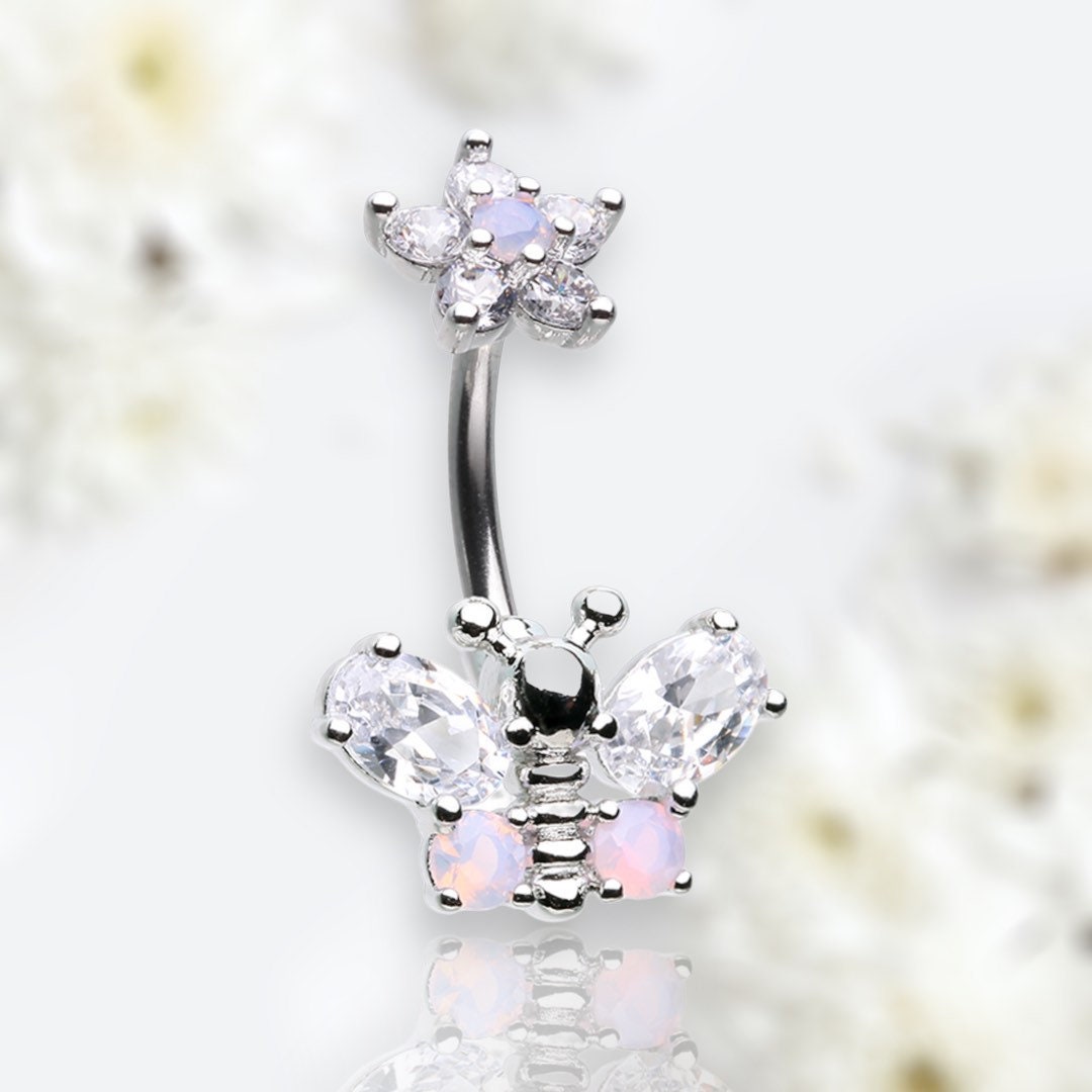 14G Silver Flower Top Clear Gem Butterfly Belly Button Ring