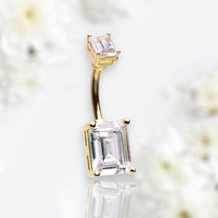 14G Gold Emerald Cut Clear Gem Belly Button Ring