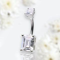 14G Silver Emerald Cut Clear Gem Belly Button Ring