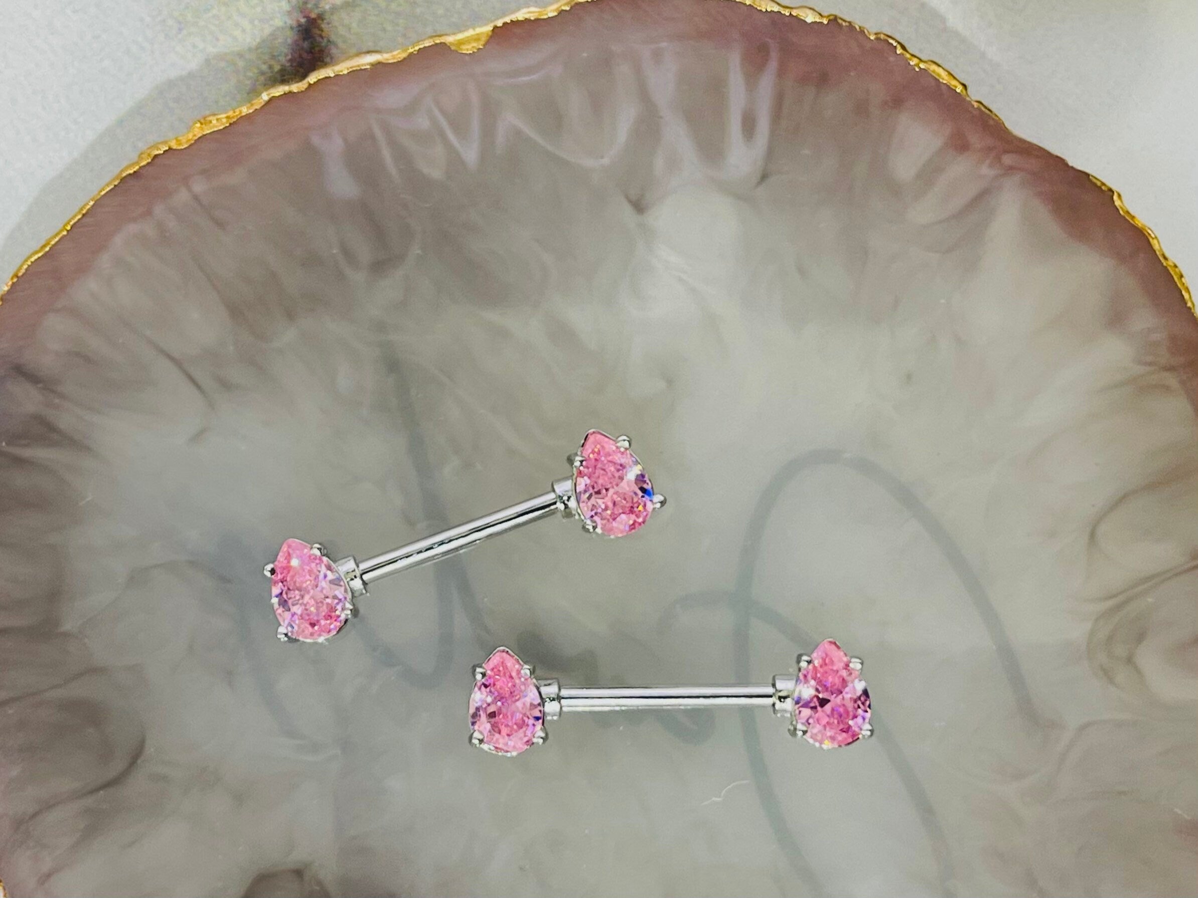 Pair of 14G Silver Teardrop Sparkling Pink Gems Nipple Barbells. Nipple Rings. Nipple Piercing. Nipple Jewelry. Body Jewelry