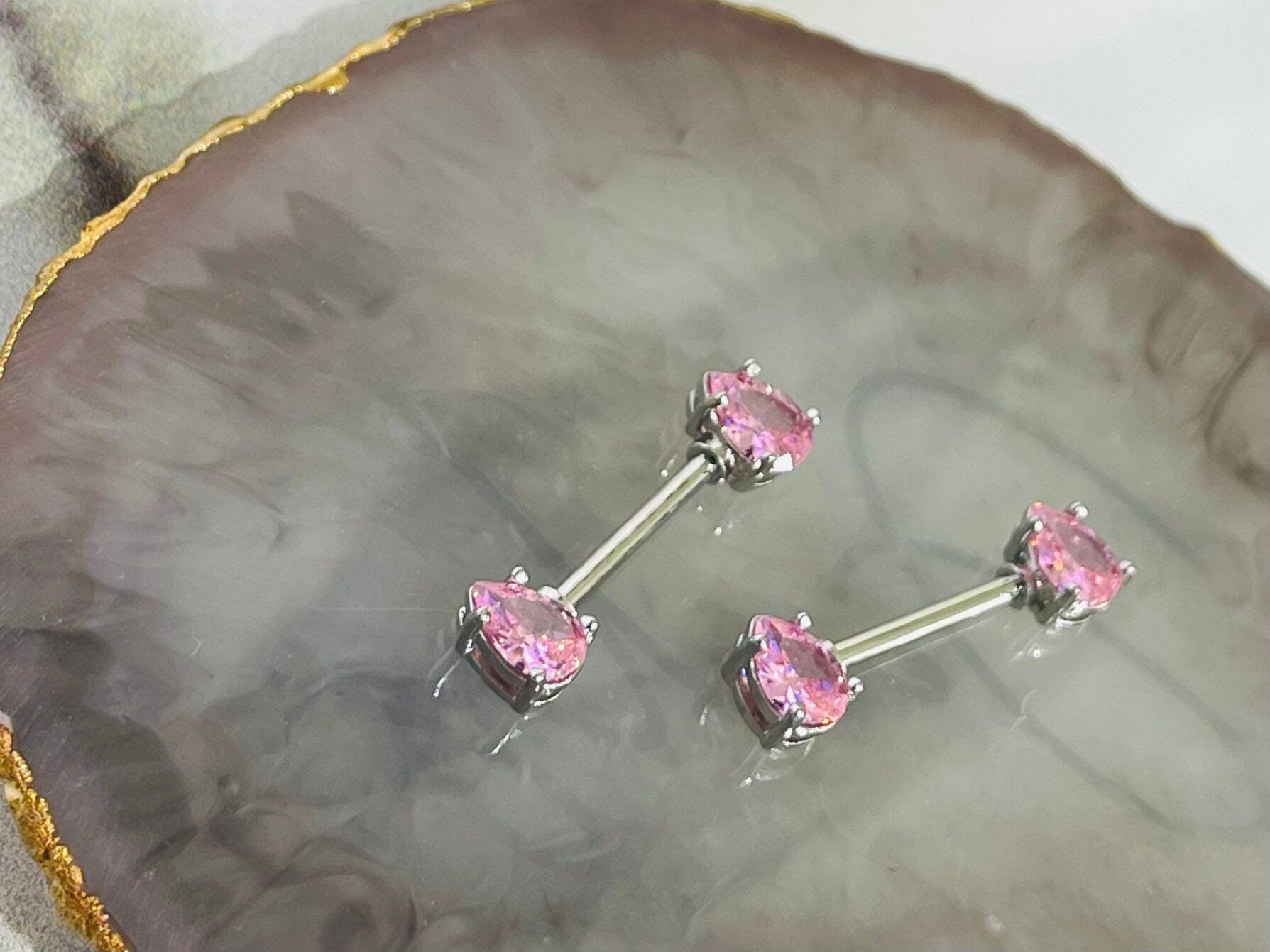 Pair of 14G Silver Teardrop Sparkling Pink Gems Nipple Barbells. Nipple Rings. Nipple Piercing. Nipple Jewelry. Body Jewelry