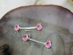 Pair of 14G Silver Teardrop Sparkling Pink Gems Nipple Barbells. Nipple Rings. Nipple Piercing. Nipple Jewelry. Body Jewelry