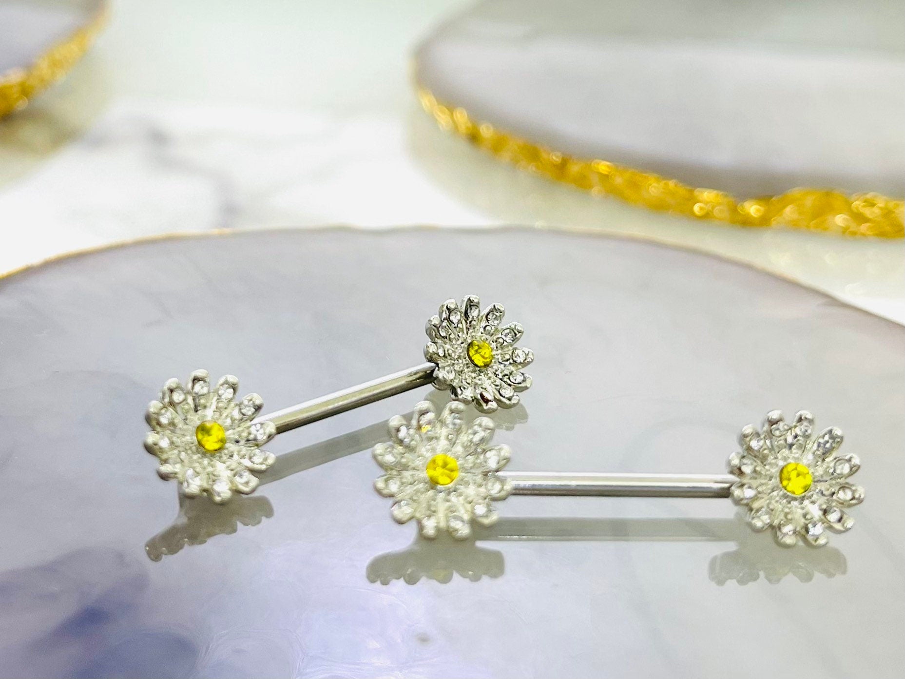 Pair of 14G Silver Daisy Flower with Clear Gems Nipple Barbell