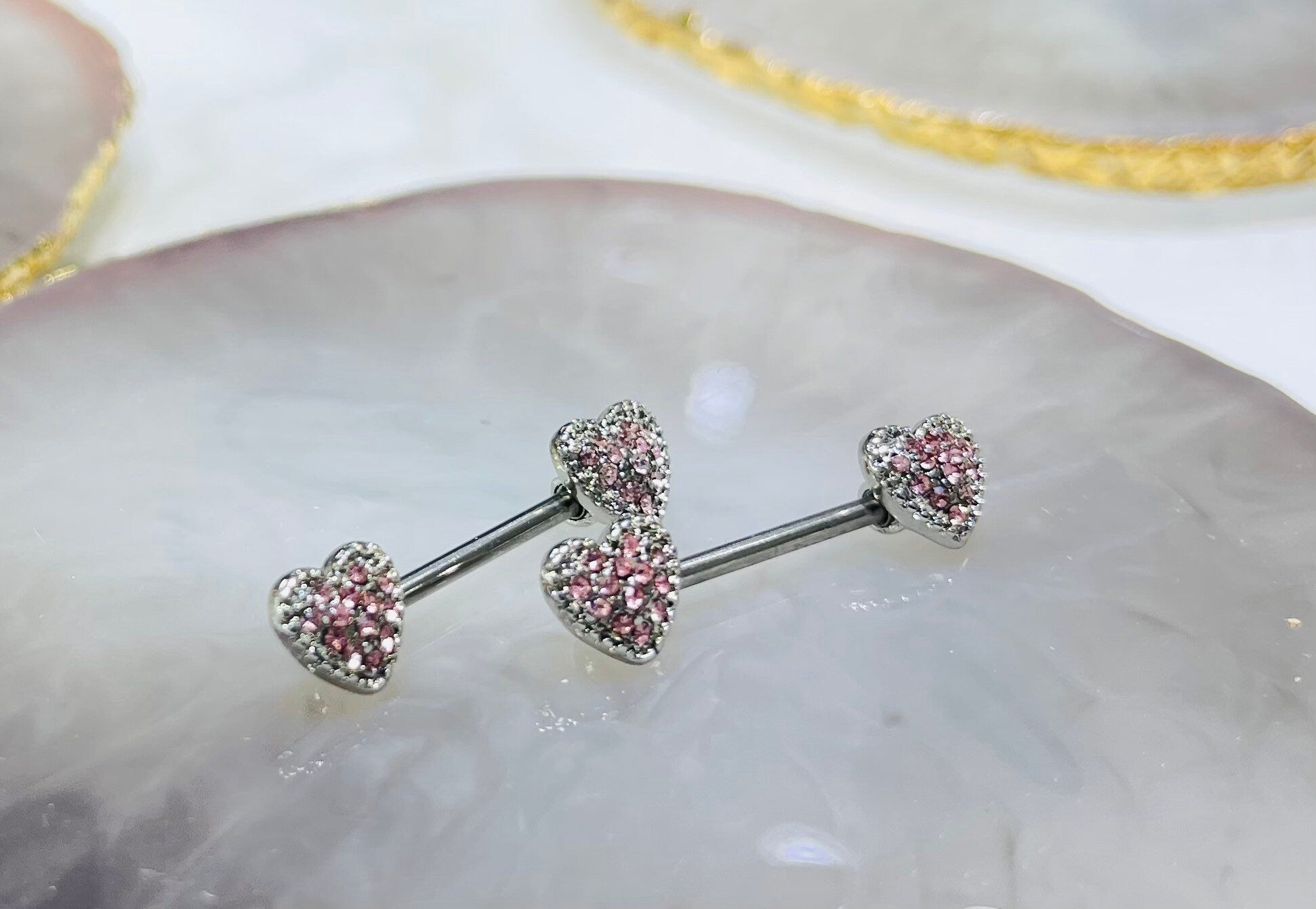 Pair of 14G Silver Heart Ends with Pink Gems Nipple Barbells