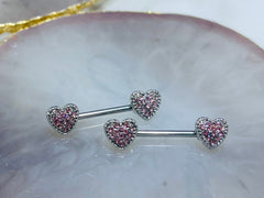 Pair of 14G Silver Heart Ends with Pink Gems Nipple Barbells