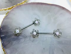 Pair of 14G Silver White Opal Center Flower Ends Nipple Barbell