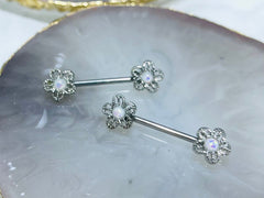 Pair of 14G Silver White Opal Center Flower Ends Nipple Barbell