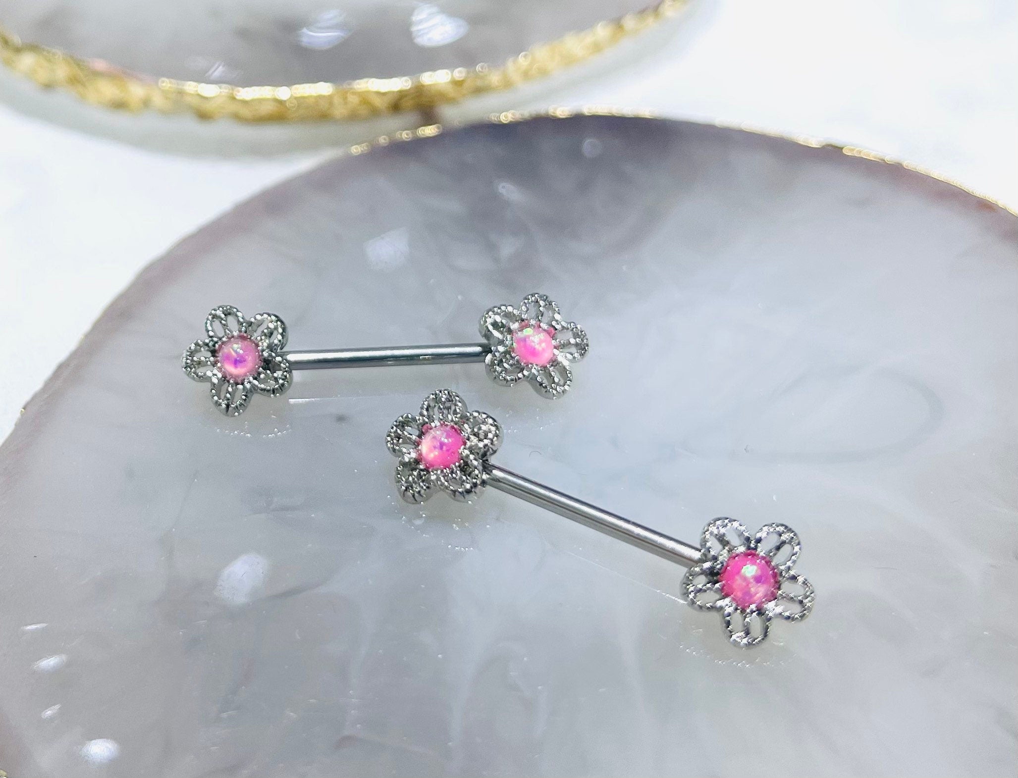 Pair of 14G Silver Pink Opal Center Flower Ends Nipple Barbell