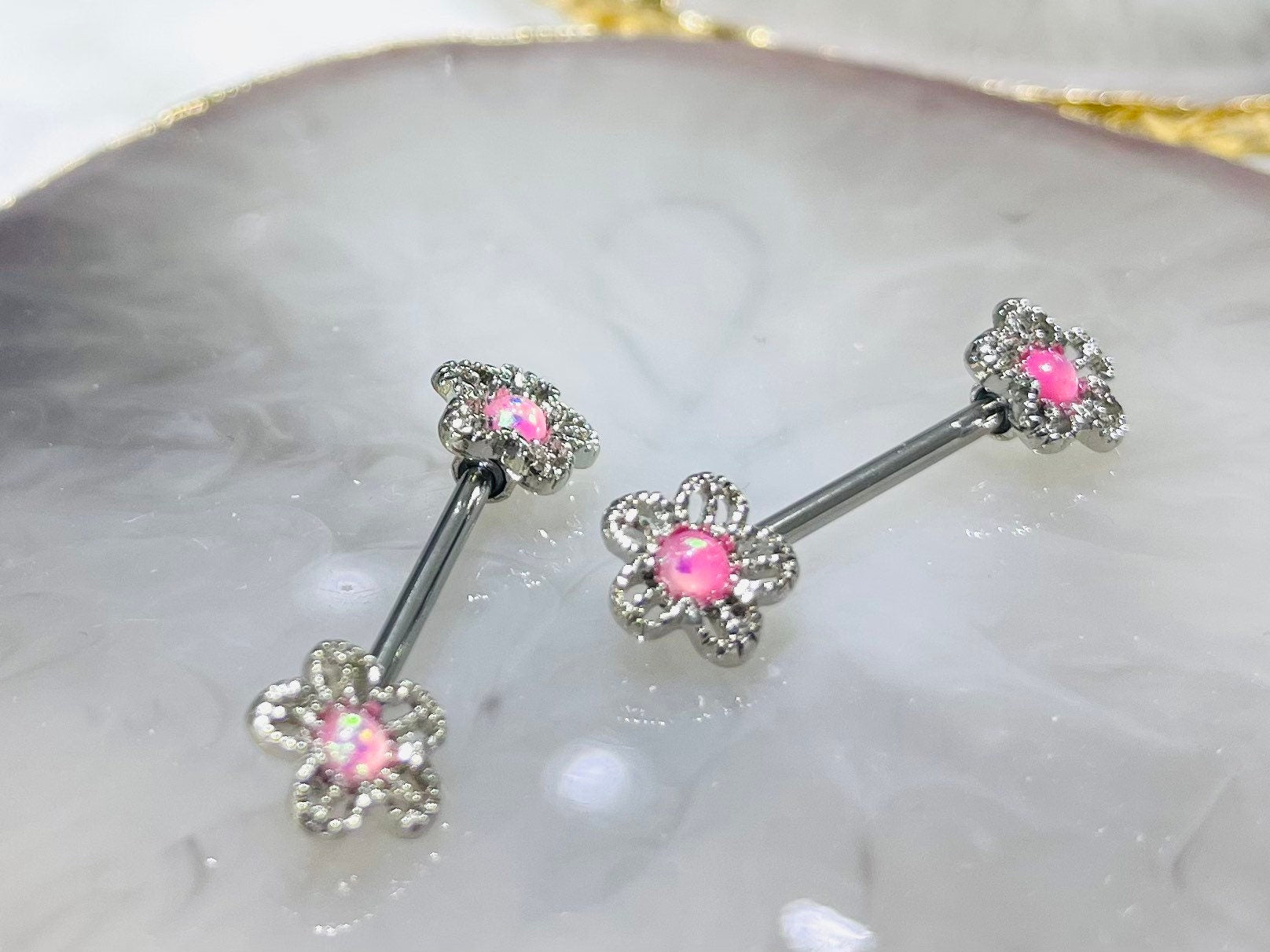 Pair of 14G Silver Pink Opal Center Flower Ends Nipple Barbell