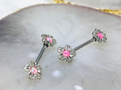 Pair of 14G Silver Pink Opal Center Flower Ends Nipple Barbell