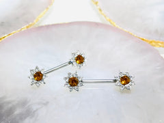 Pair of 14G Silver Clear Gems Sunflower Ends Nipple Barbells