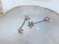 Pair of 14G Silver Sparkling Pink Flower Ends Nipple Barbell. Nipple Piercing. Nipple Jewelry