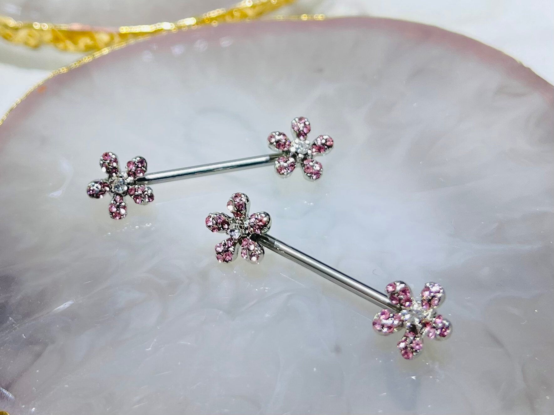 Pair of 14G Silver Sparkling Pink Flower Ends Nipple Barbell. Nipple Piercing. Nipple Jewelry