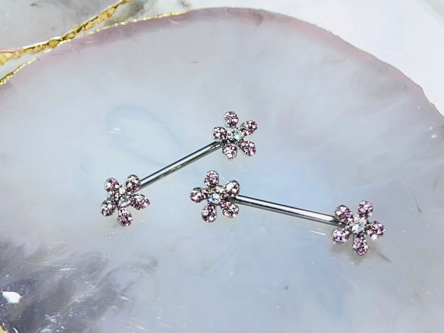 Pair of 14G Silver Sparkling Pink Flower Ends Nipple Barbell. Nipple Piercing. Nipple Jewelry