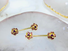 Pair of 14G Rose Ends with Pink Gems Nipple Barbells. Nipple Piercing. Nipple Jewelry