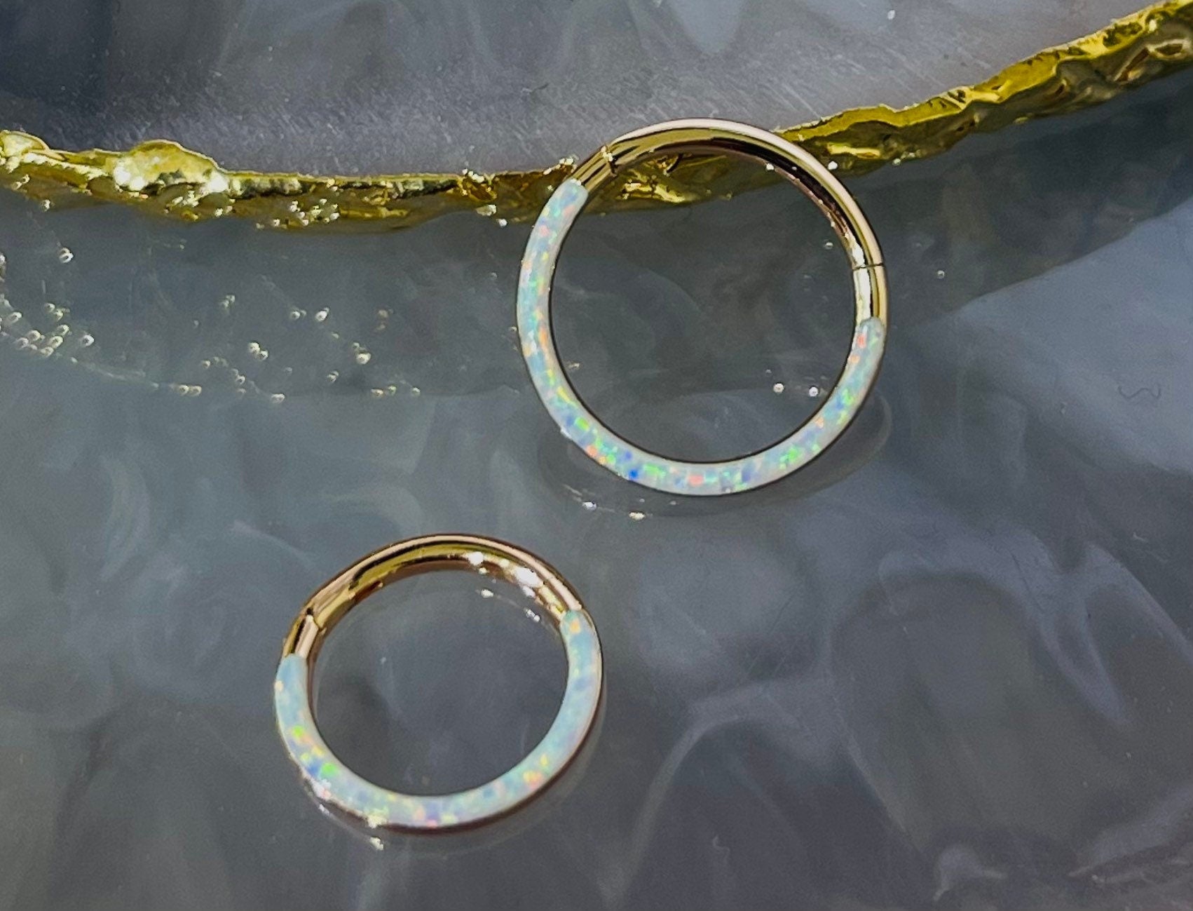 16G Surgical Steel Rose Gold White Opal Inlay Front Facing 10MM/8MM Septum Clicker Ring. Septum Piercing. Septum Ring. Nose Ring.