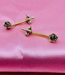 Pair of 14G Antique Gold Rose Flower Stem Nipple Barbells. Nipple Jewelry. Nipple Piercing.