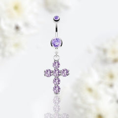 Dangling Cross with Prong Set Sparkling Purple Stones Belly Button Ring.