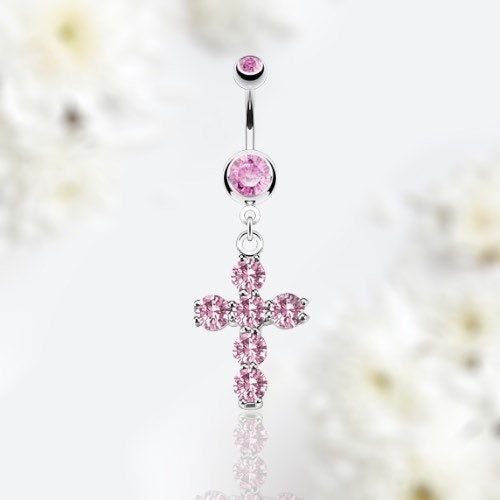 Dangling Cross with Prong Set Sparkling Pink Stones Belly Button Ring. Belly Ring. Belly Piercing.