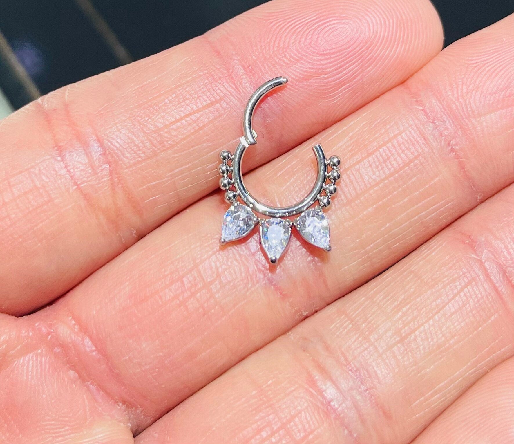 16G Silver Pear Shape Beaded Hinged Clicker Ring for Septum, Daith & More