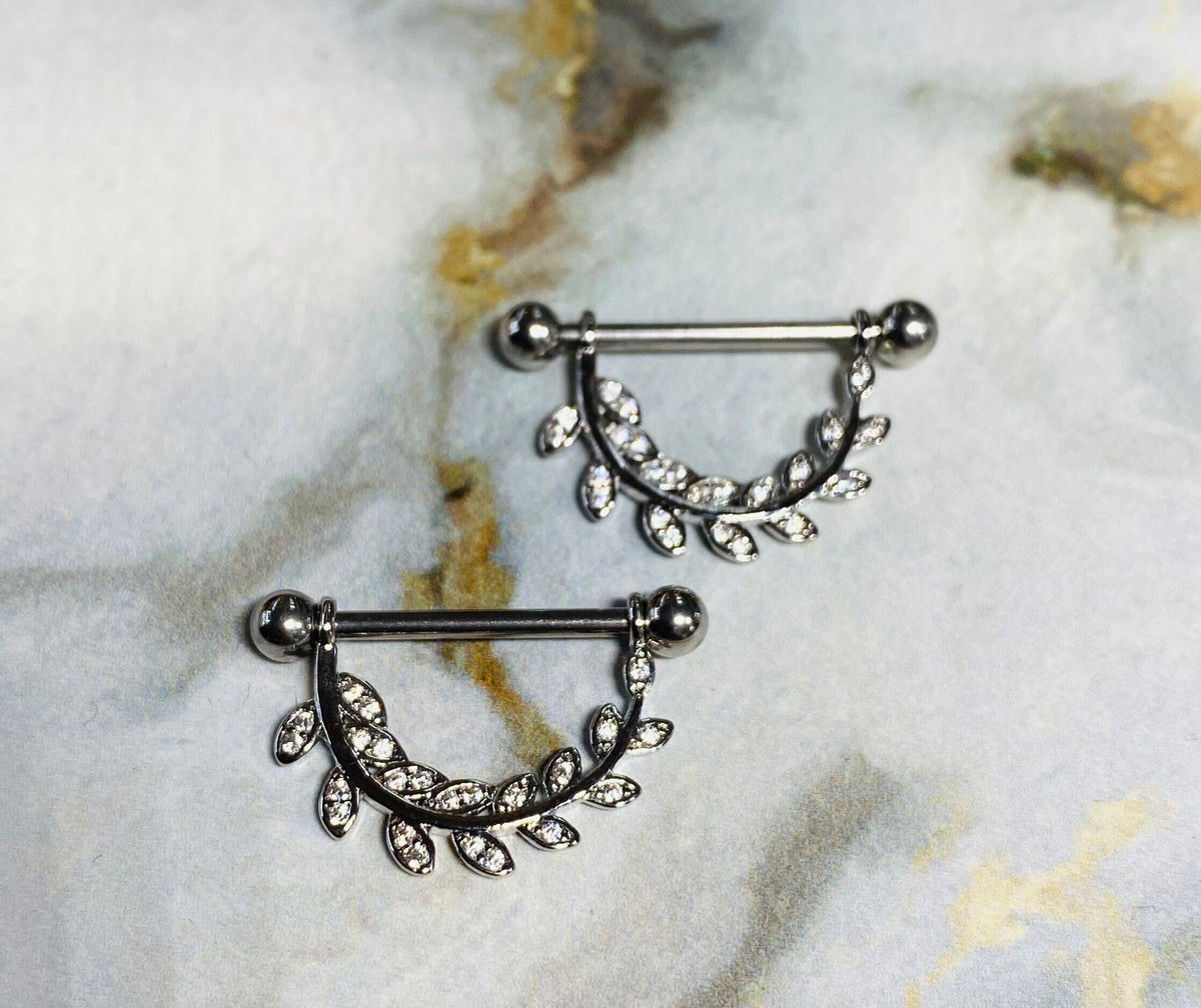 14G Silver Sparkling Paved Stone Hanging Leaves Nipple Barbells. Nipple Piercings. Nipple Jewelry. Nipple Rings.