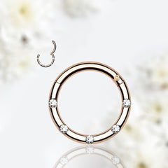 16G Rose Gold Round Hinged Septum Clicker Ring with Multiple Clear Gems