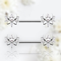 Pair of 14G Silver Blooming Lotus with Clear Stone Nipple Barbell. Nipple Rings. Nipple Jewelry